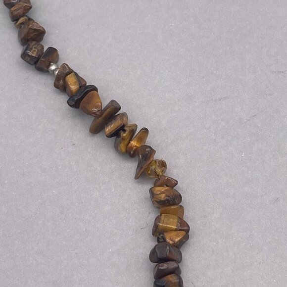 Tiger Eye Gemstone Chip Necklace Silver Tone Beads 18in - Picture 3 of 5